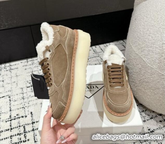 Unique Style Prada Suede Mid-top Platform Sneakers with Shearling Lining 1T725N Beige 1122054