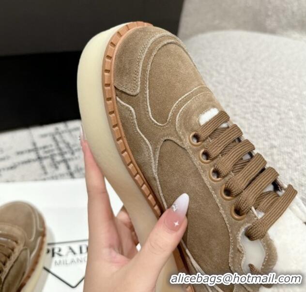 Unique Style Prada Suede Mid-top Platform Sneakers with Shearling Lining 1T725N Beige 1122054