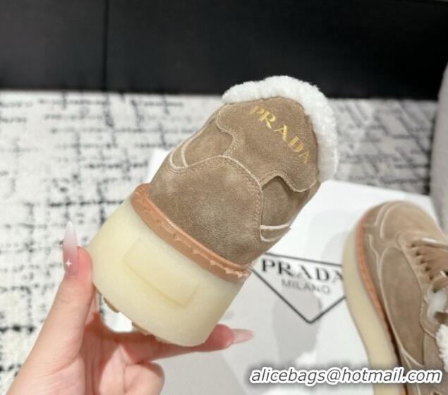 Unique Style Prada Suede Mid-top Platform Sneakers with Shearling Lining 1T725N Beige 1122054