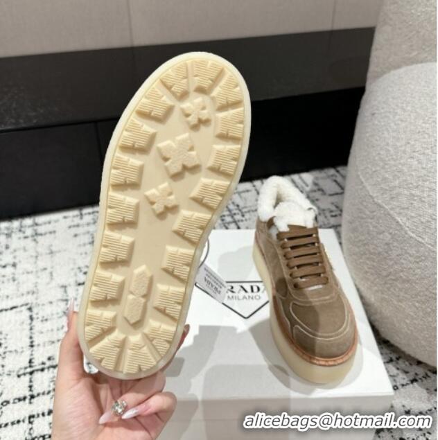 Unique Style Prada Suede Mid-top Platform Sneakers with Shearling Lining 1T725N Beige 1122054