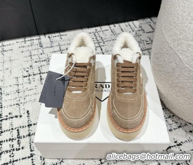 Unique Style Prada Suede Mid-top Platform Sneakers with Shearling Lining 1T725N Beige 1122054