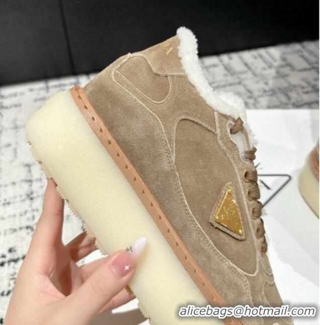 Unique Style Prada Suede Mid-top Platform Sneakers with Shearling Lining 1T725N Beige 1122054