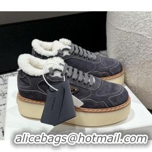 Buy Luxury Prada Suede Mid-top Platform Sneakers with Shearling Lining 1T725N Dark Grey 1122055