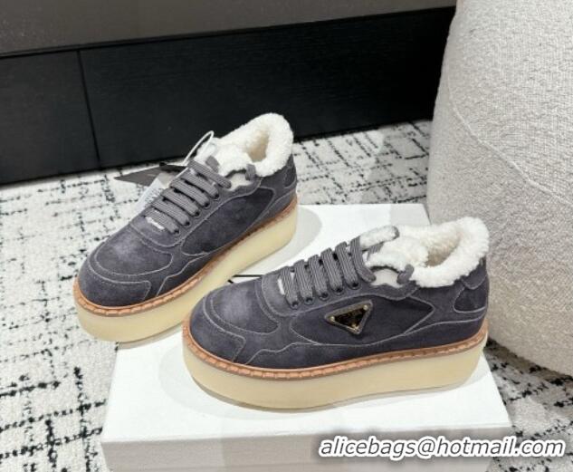 Buy Luxury Prada Suede Mid-top Platform Sneakers with Shearling Lining 1T725N Dark Grey 1122055