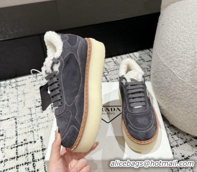 Buy Luxury Prada Suede Mid-top Platform Sneakers with Shearling Lining 1T725N Dark Grey 1122055