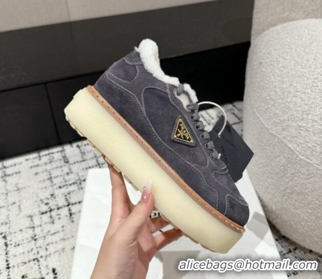 Buy Luxury Prada Suede Mid-top Platform Sneakers with Shearling Lining 1T725N Dark Grey 1122055