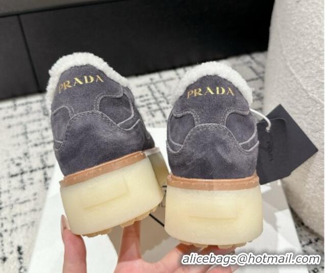 Buy Luxury Prada Suede Mid-top Platform Sneakers with Shearling Lining 1T725N Dark Grey 1122055