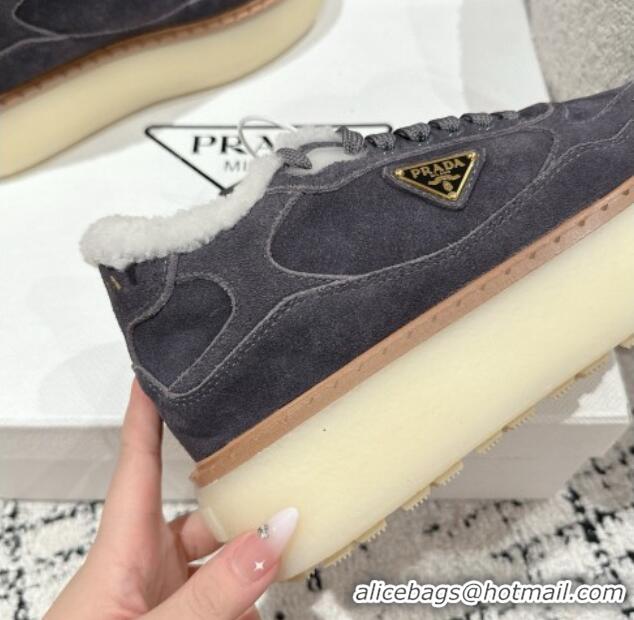 Buy Luxury Prada Suede Mid-top Platform Sneakers with Shearling Lining 1T725N Dark Grey 1122055