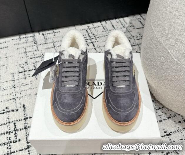 Buy Luxury Prada Suede Mid-top Platform Sneakers with Shearling Lining 1T725N Dark Grey 1122055