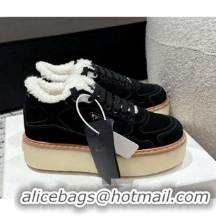 Big Discount Prada Suede Mid-top Platform Sneakers with Shearling Lining 1T725N Black 1122056