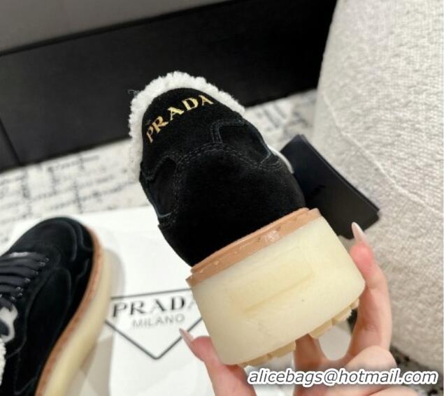 Big Discount Prada Suede Mid-top Platform Sneakers with Shearling Lining 1T725N Black 1122056