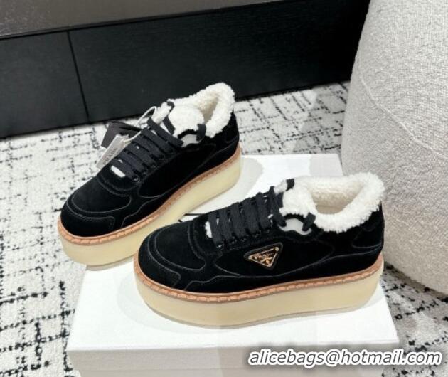 Big Discount Prada Suede Mid-top Platform Sneakers with Shearling Lining 1T725N Black 1122056