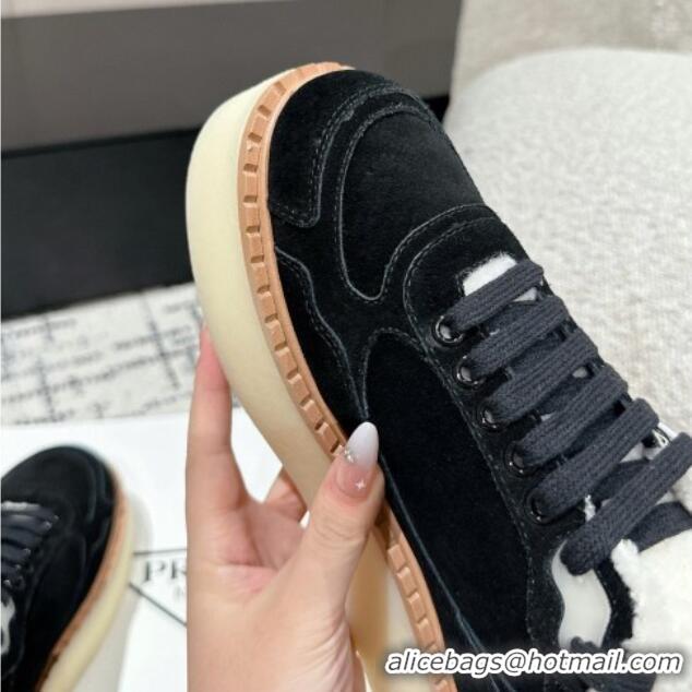 Big Discount Prada Suede Mid-top Platform Sneakers with Shearling Lining 1T725N Black 1122056