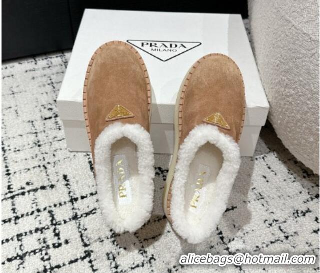 Pretty Style Prada Suede and Wool Platform Mules Light Brown 1122057