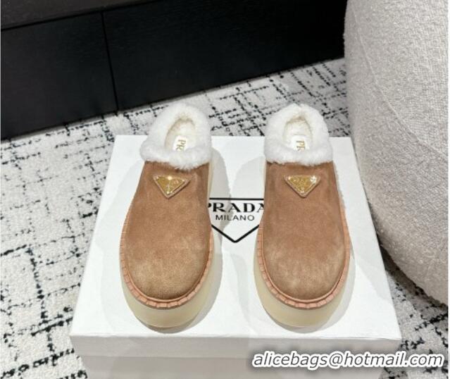 Pretty Style Prada Suede and Wool Platform Mules Light Brown 1122057