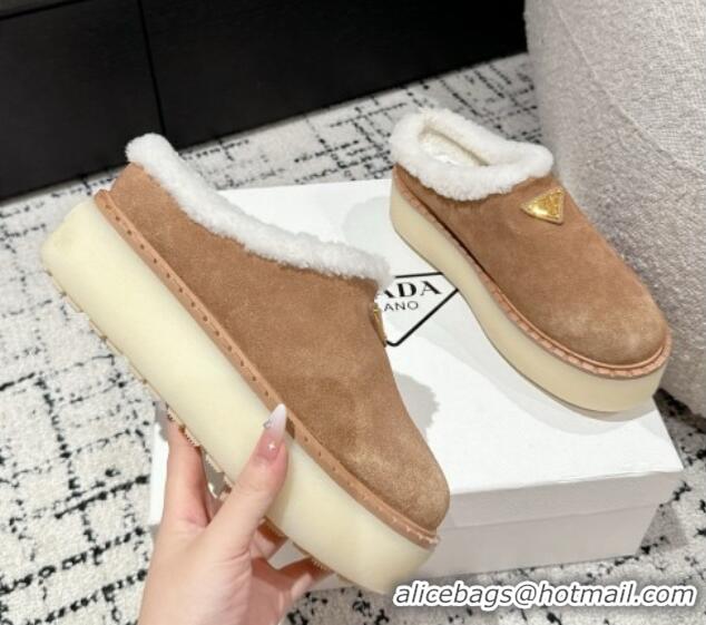 Pretty Style Prada Suede and Wool Platform Mules Light Brown 1122057