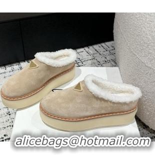 Best Grade Prada Suede and Wool Platform Mules Light Beige 1122059