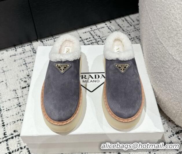 Good Looking Prada Suede and Wool Platform Mules Dark Grey 1122060