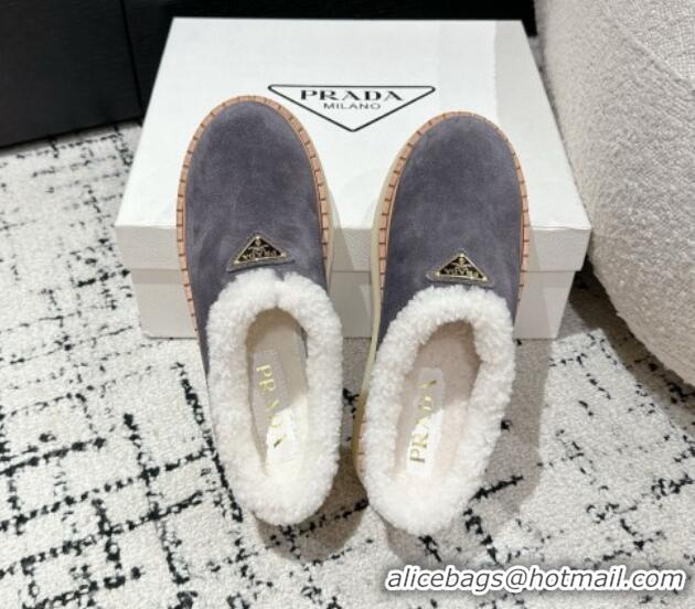 Good Looking Prada Suede and Wool Platform Mules Dark Grey 1122060