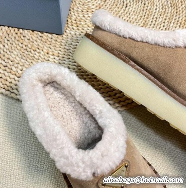 Top Grade Prada Suede and Wool Platform Mules Beige 122062