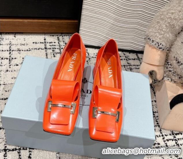 Durable Prada Brushed Leather Pumps 4.5cm with Foldover Buckle Orange 1227002