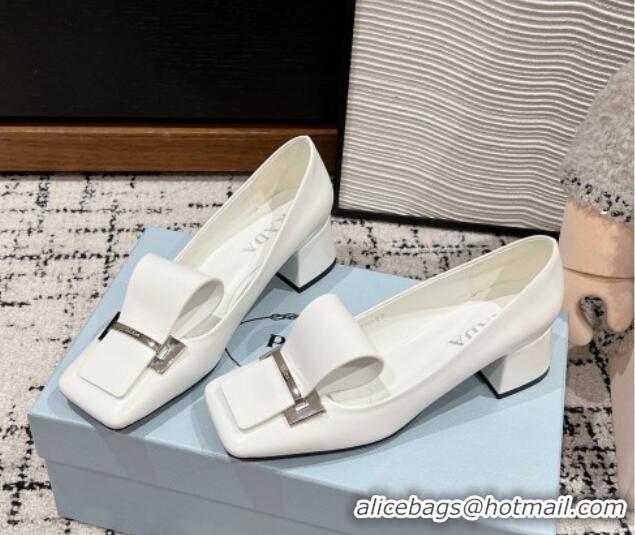 Best Product Prada Brushed Leather Pumps 4.5cm with Foldover Buckle White 1227003