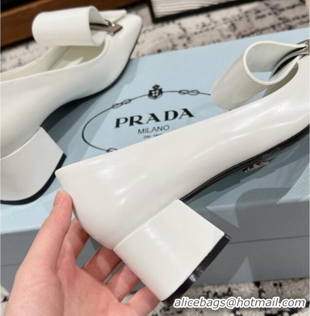 Best Product Prada Brushed Leather Pumps 4.5cm with Foldover Buckle White 1227003