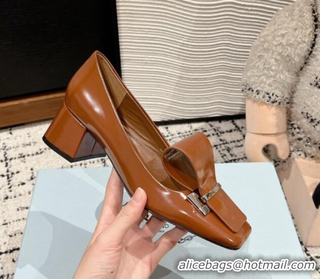 Purchase Prada Brushed Leather Pumps 4.5cm with Foldover Buckle Brown 1227004