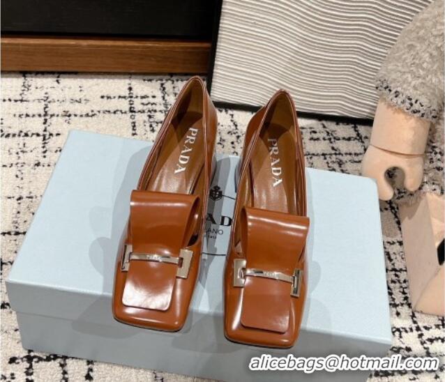 Purchase Prada Brushed Leather Pumps 4.5cm with Foldover Buckle Brown 1227004