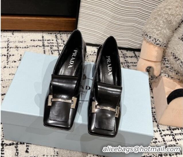 Shop Duplicate Prada Brushed Leather Pumps 4.5cm with Foldover Buckle Black 1227005