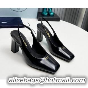 Good Quality Prada Brushed leather high heel slingback pumps 9cm Black 1227016