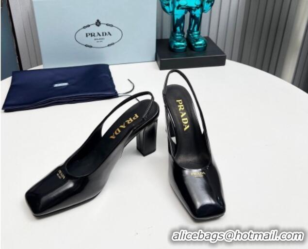 Good Quality Prada Brushed leather high heel slingback pumps 9cm Black 1227016