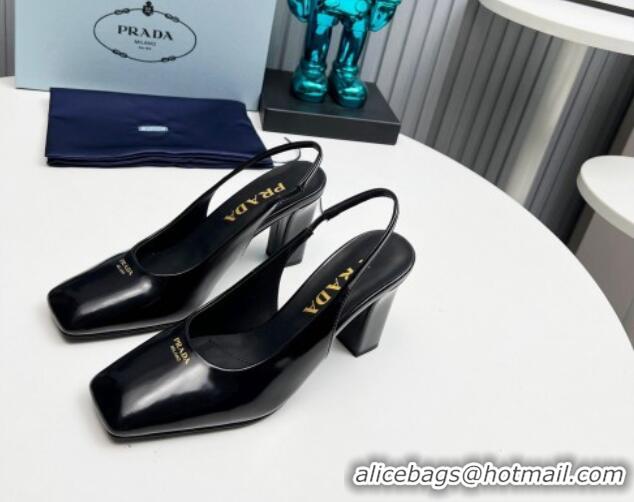 Good Quality Prada Brushed leather high heel slingback pumps 9cm Black 1227016