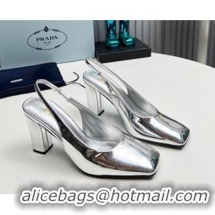 Trendy Design Prada Patent leather high heel slingback pumps 9cm Silver 1227017