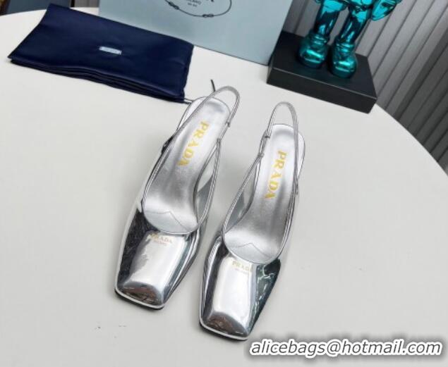 Trendy Design Prada Patent leather high heel slingback pumps 9cm Silver 1227017