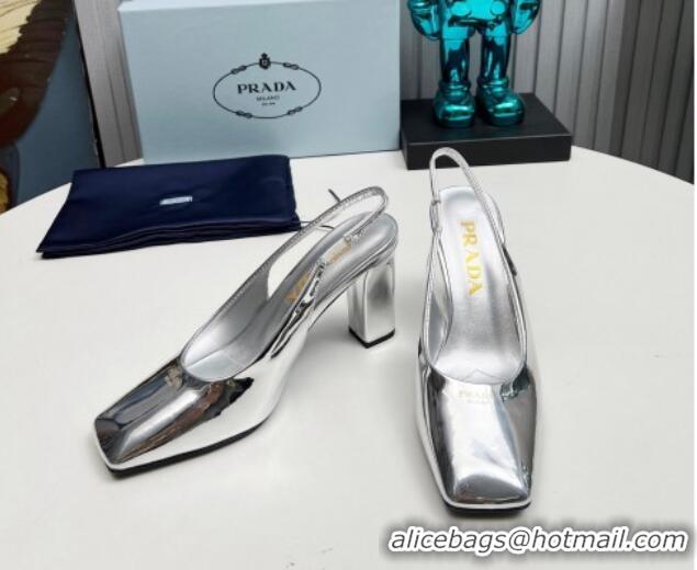 Trendy Design Prada Patent leather high heel slingback pumps 9cm Silver 1227017