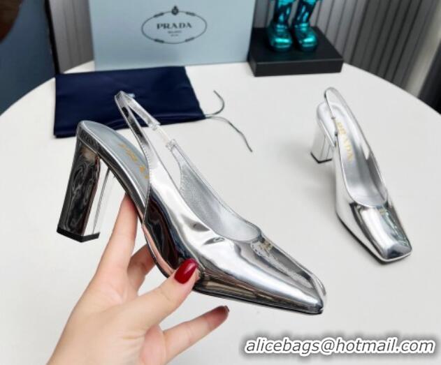 Trendy Design Prada Patent leather high heel slingback pumps 9cm Silver 1227017