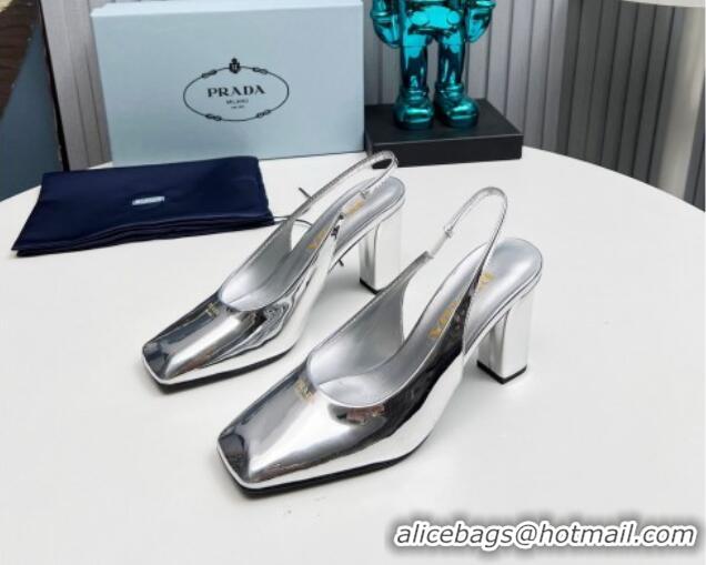 Trendy Design Prada Patent leather high heel slingback pumps 9cm Silver 1227017