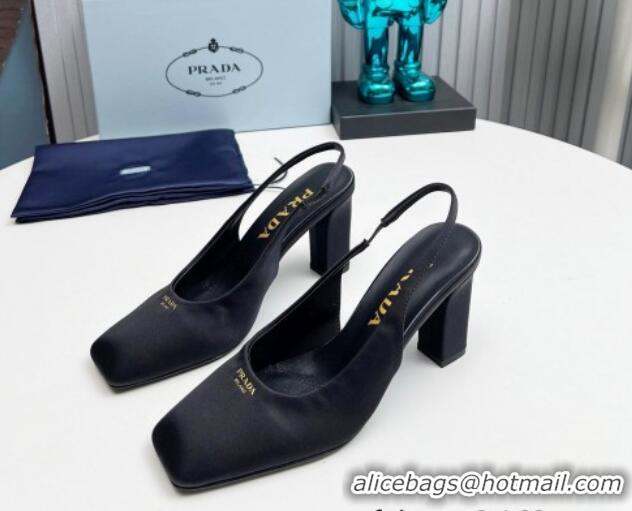 Shop Duplicate Prada Satin high heel slingback pumps 9cm Black 1227019