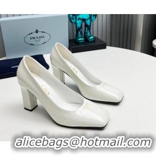 Top Grade Prada Patent leather high heeled pumps 9cm White 1227025