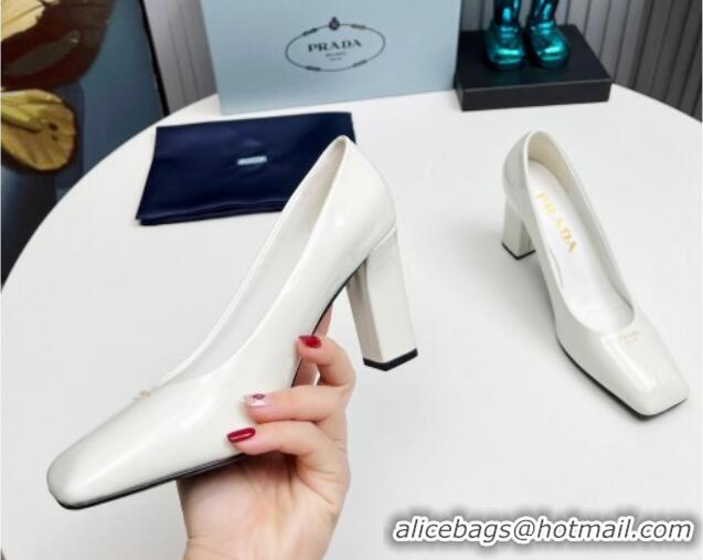 Top Grade Prada Patent leather high heeled pumps 9cm White 1227025