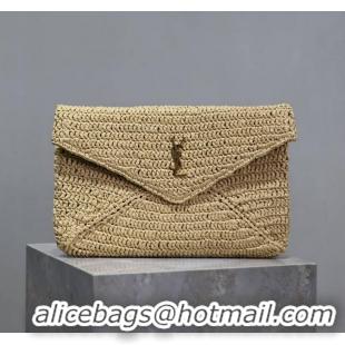 Top Design Saint Laurent Cassandre Raffia Large Envelope Pouch Y8974 Beige