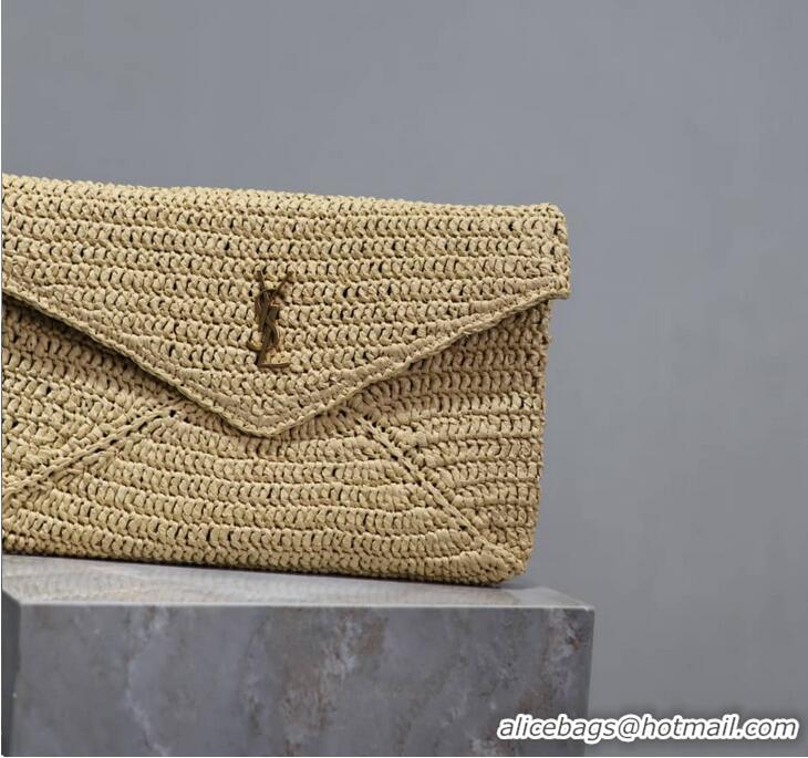 Top Design Saint Laurent Cassandre Raffia Large Envelope Pouch Y8974 Beige