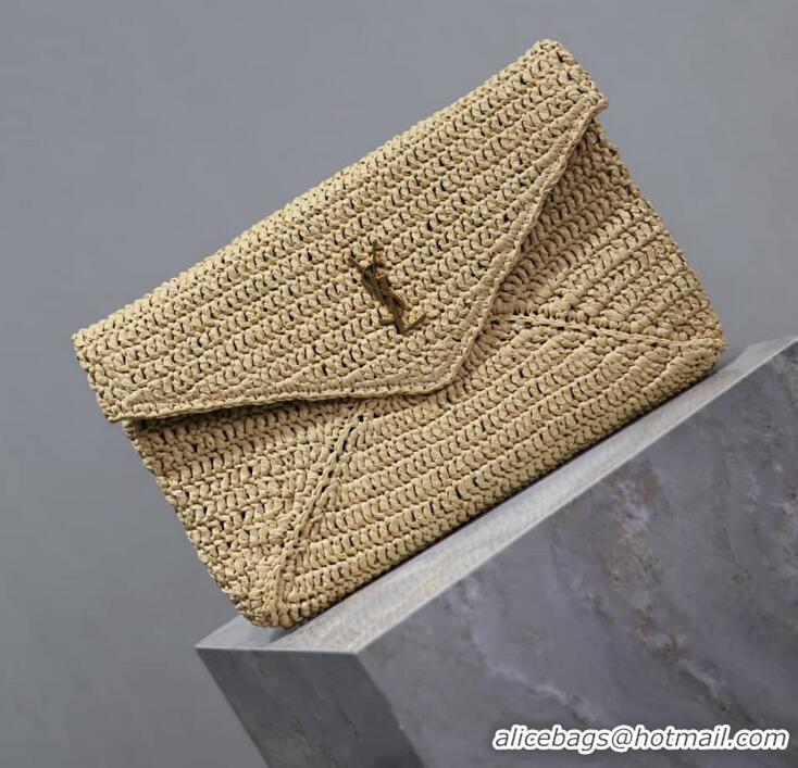 Top Design Saint Laurent Cassandre Raffia Large Envelope Pouch Y8974 Beige