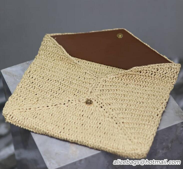 Top Design Saint Laurent Cassandre Raffia Large Envelope Pouch Y8974 Beige