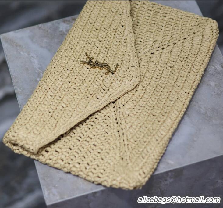 Top Design Saint Laurent Cassandre Raffia Large Envelope Pouch Y8974 Beige