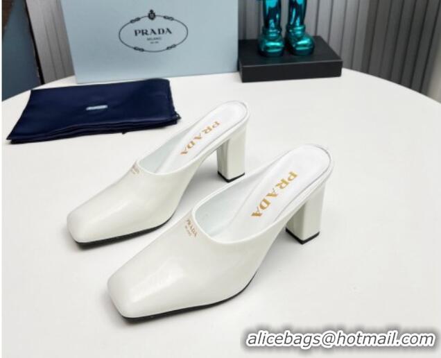 Top Grade Prada Patent leather high heeled mules 9cm White 1227033