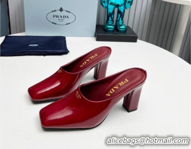 Best Grade Prada Patent leather high heeled mules 9cm Burgundy 1227035