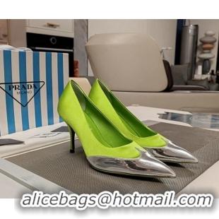 Good Quality Prada High Heel Pumps 8.5cm in Satin and Silver-Tone Glazed TPU Light Green 1227056