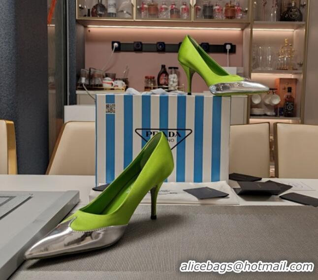 Good Quality Prada High Heel Pumps 8.5cm in Satin and Silver-Tone Glazed TPU Light Green 1227056